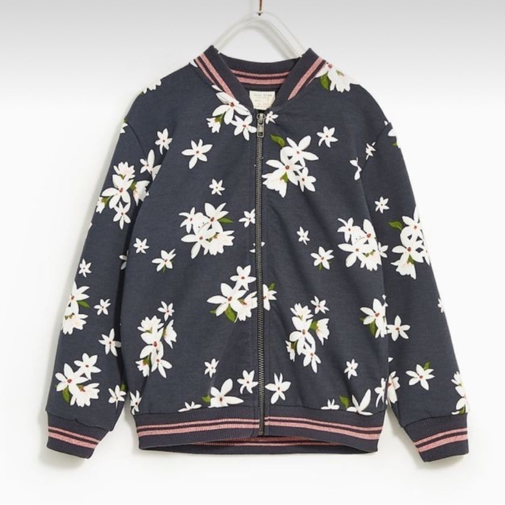 Zara Magnolia Flower Floral Full-Zip Bomber Jacket Size 13-14